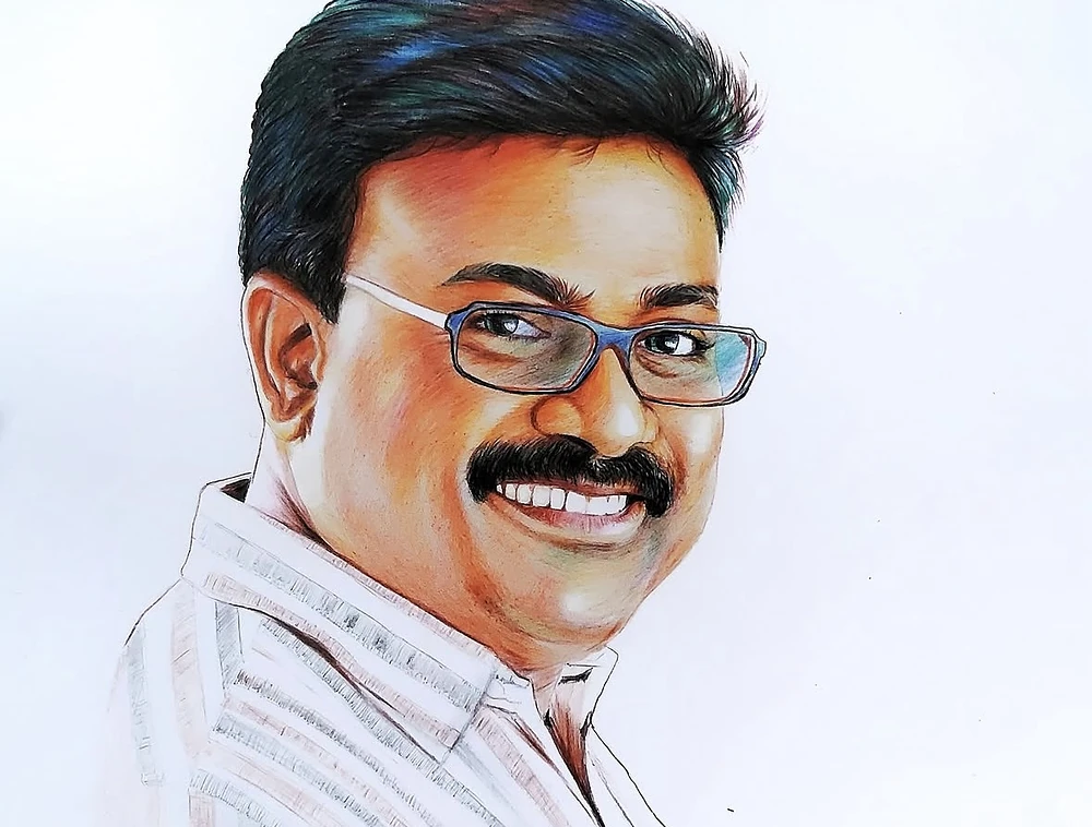 Smiling man with glasses in color pencil by Artist Siraj